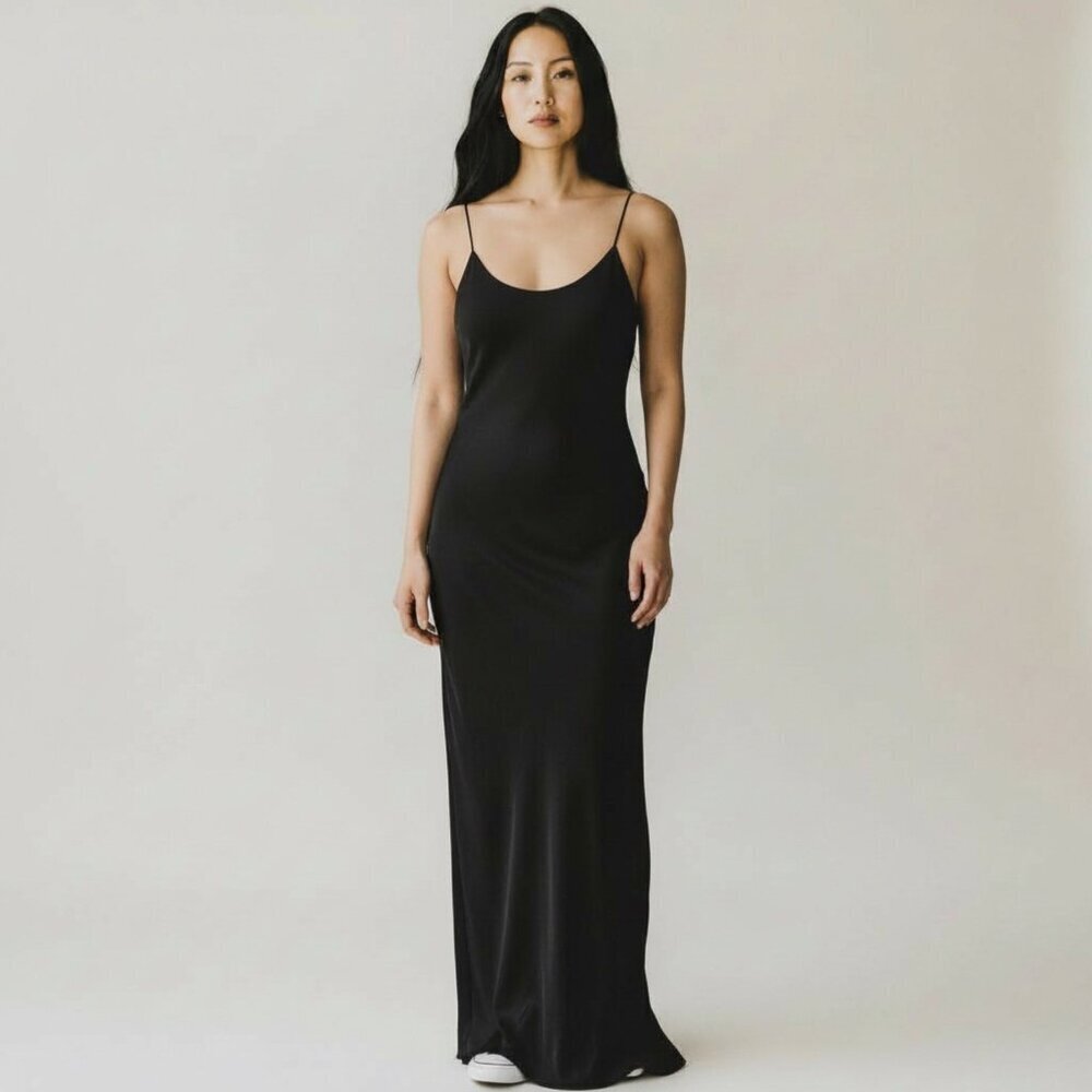 Maria Bianca Nero Black Slip Maxi Dress Ball Gown Deep V in the Back $302 NWT